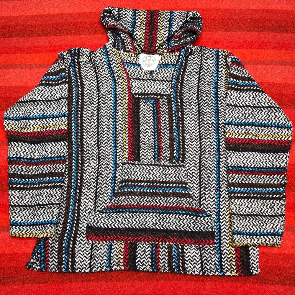 Striped Drug Rug Poncho Woven Baja Surf Hoodie Boho Hippie Fest Medium Largel